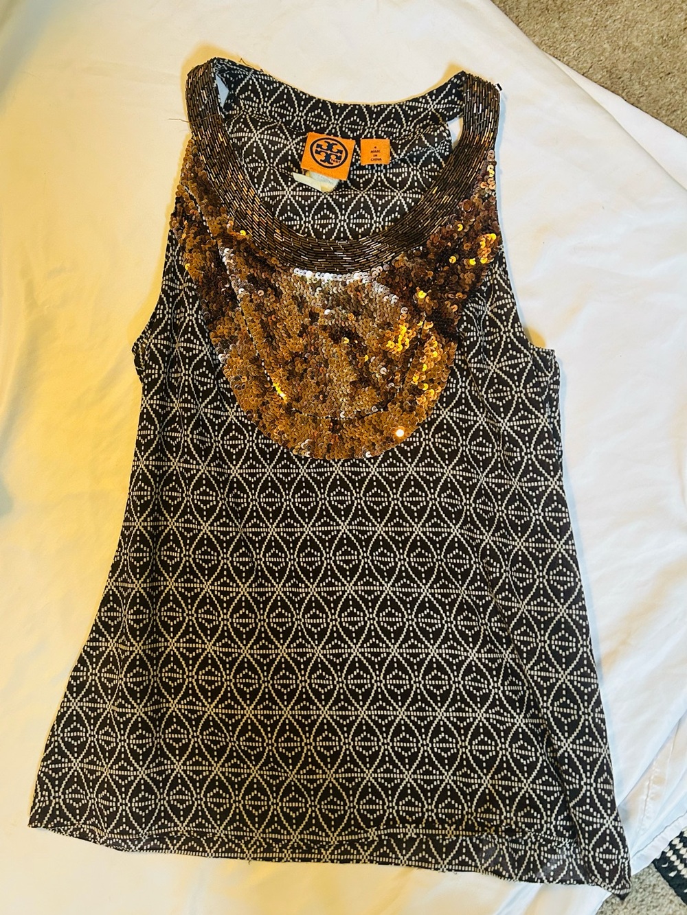Tory Burch Black Tank Top with Gold Sequin Scoop Neck